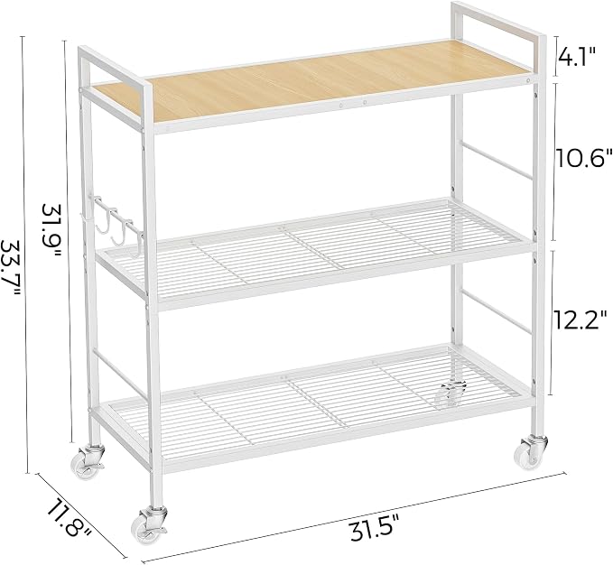 3-Tier Metal Storage Rack with Industrial Wheels,Mesh Shelving Unit with Wooden Table top,Adjustable Shelf,31.5-Inch Width, for Kitchen, Laundry,Pantry,Plant,Oak panel and white frame