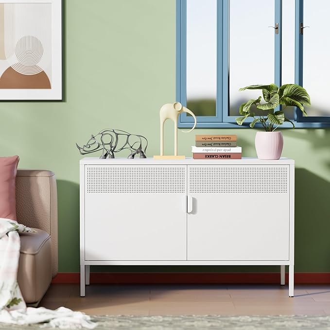 Ustamio White Metal Locker Storage Cabinet with Adjustable Shelf, Low Metal Storage Cabinet for Home Office, 2 Door Small Decorative Metal Locker Tv Stand Cabinet