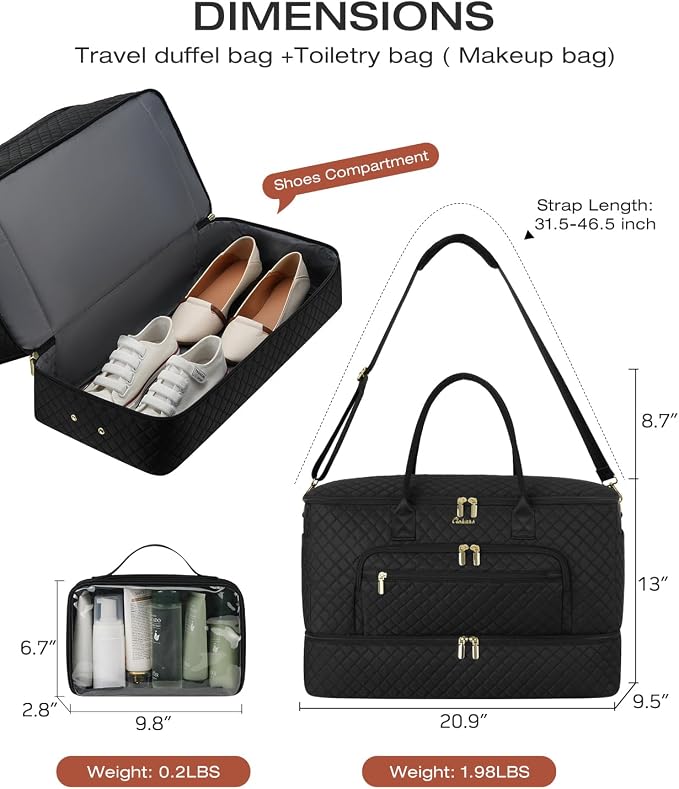 Travel Duffle Bag, Wide Open Large Weekender Bag for Women with Shoe Compartment, Carry on Overnight Bags with Toiletry Bag, Hospital Bag for Women Labor Delivery with Wet Pocket (3 Pcs)