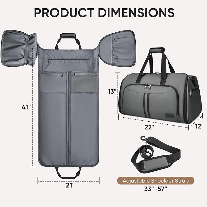 BALEINE Travel Garment Bag, Travel Suit Bag for Men, Water Resistant Carry on Garment Bag for Hanging Clothes, Garment Duffel Bag for Travel Business (Dark Gray-Convertible)