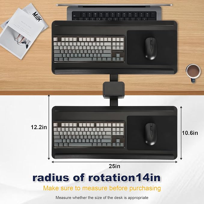 Adjustable Under Desk Keyboard Tray with Drawer, 25"×10.6" Ergonomic 360° Rotating Keyboard Stand with Wrist Rest, Clamp On Keyboard Tray and Mouse for Office Gaming Studying