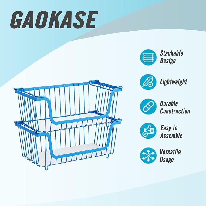 GAOKASE 4 Pcs Stackable Wire Baskets for Pantry Organizers and Storage,Vegetable Fruit Basket for Countertop,Kitchen Storage Metal Baskets,Produce Potato Onion Storage Bin,blue
