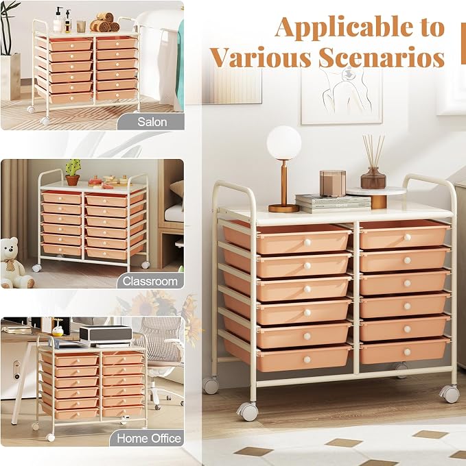 COSTWAY 12-Drawer Rolling Storage Cart, Utility Storage Organizer Cart | For Tools, Scrapbook, Paper, Craft, Multipurpose Art Supply Organizer on Wheels for Home Office School, Teacher, Peach