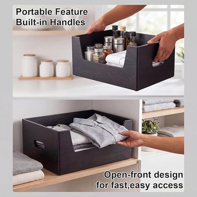 Mifoci Wood Storage Basket with Open Front Stackable Bin Basket and Handles for Pantry Shelves Gift Toys Decorative Rectangular Wooden Baskets for Home Decor (Wood, Black)