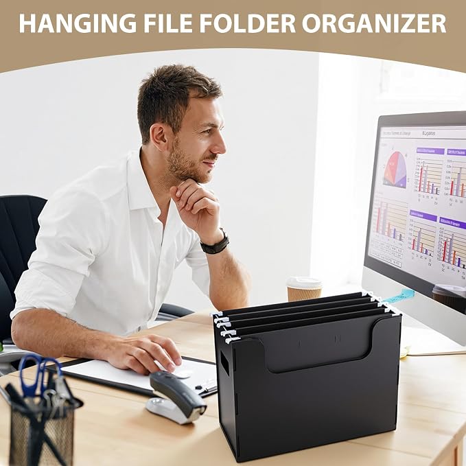 48 Pcs Portable Desktop File, Side Handles, Filing Organizer, Hanging File Folders, Letter Size for Schools Office Home (Black)