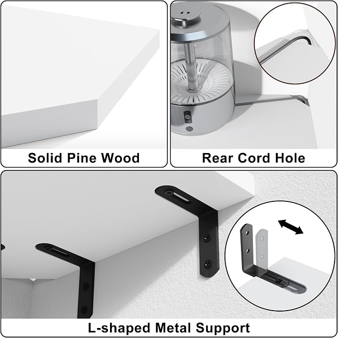 Alsonerbay Pine Wood Corner Shelves with Cable Cutout 3-Pack, White | Diamond-shaped, cable management, 40 lbs/shelf, 0.79" thick pine, L-shaped metal brackets, for router & media devices