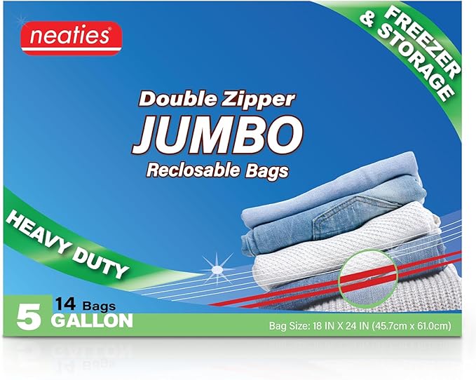 Neaties 5 Gallon Resealable Bags – Heavy Duty Jumbo Freezer Bags with Dual Zipper – 18x24" Extra Large with Writable Space for Kitchen or Home Storage – BPA-Free Food Grade Plastic – 14 Pack