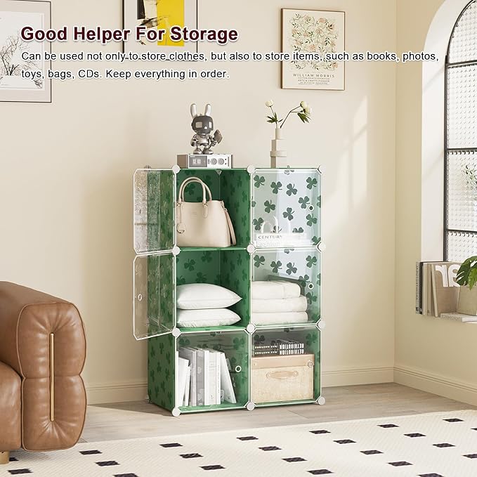 C&AHOME Cube Storage Organizer with Doors, 6-Cube Shelves, DIY Plastic Modular Bookshelf, Closet Clothes Storage Shelving Ideal for Bedroom, Living Room, Clover Embossed, Green