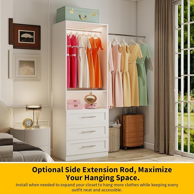 Closet System with 3 Drawers, 2-5FT Small Custom Closet Organizer System Shelving Wood with 2 Hanging Rods & Shelf, Walk-in Closet System Freestanding, Modular Closet Organizer System, White