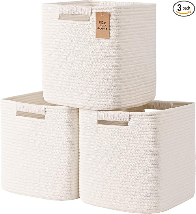 11 Inch Storage Cubes, 3 Pack Cube Storage Bins for Organizing, Cotton Rope Woven Baskets for Shelves, Bathroom, Kids Room, Closets, Baby Nursery