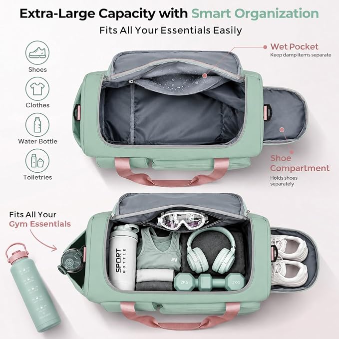 FIORETTO Women's Gym Duffle Bag with Shoes Compartment, 30L Capacity, Ideal for Travel, Gym, Sports, Duffel, Weekender