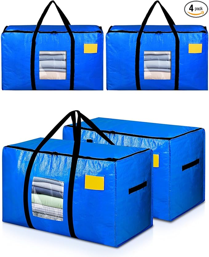 Extra Large Moving Bags, 4 Pack Heavy Duty Storage Bags Boxes Bins Totes with Hnadles Zippers Visible Window for Clothes College Dorm Travel, Blue