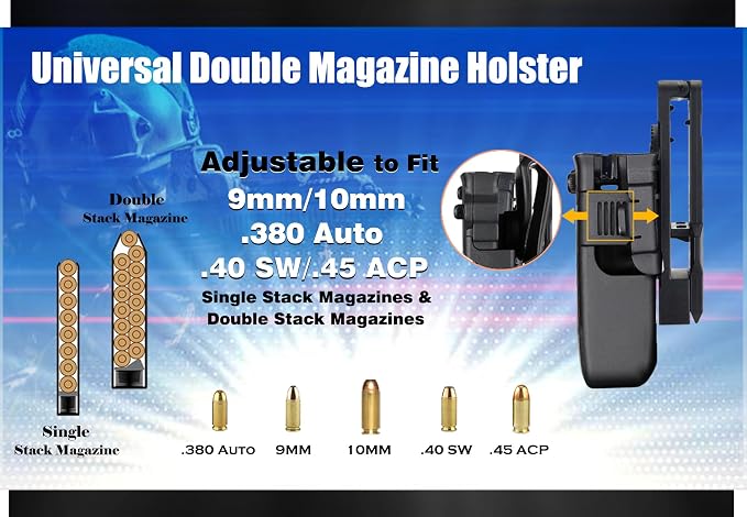 Double Magazine Holster Universal fit 9mm 380 10mm .40 .45 Pistol Magazines | Adjustable Retention Mag Holder Pouch for Glock/Sig sauer/S&W/Beretta/Taurus/Springfield/Ruger/1911 Single & Double Stack Mag