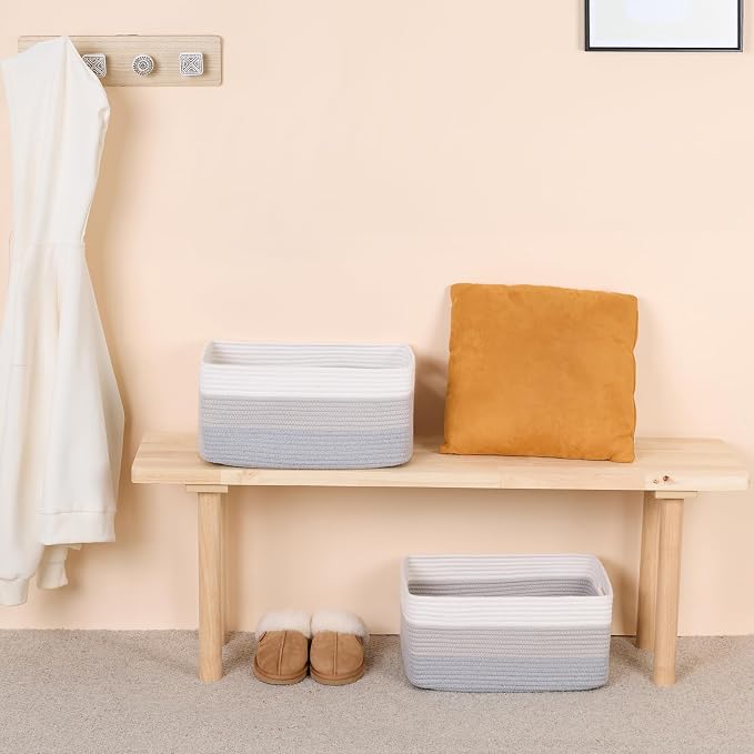 MiniArk Large Storage Baskets for Shelves, 17 x 13 x 7.5” Closet Organizers Bins for Clothes Blanket Towels, Baby Nursery, Toy Baskets Box, Woven Rope Baskets, 2 Packs Gradient Grey