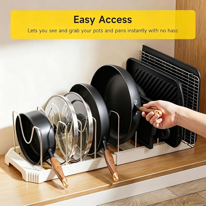 MUDEELA Pots and Pans Organizer under Cabinet, Expandable Rack with Pot Lid Holder and 10 Adjustable Dividers, Pan Organizers inside Cabinet for Kitchen Organization, Cutting Boards, Baking Sheets