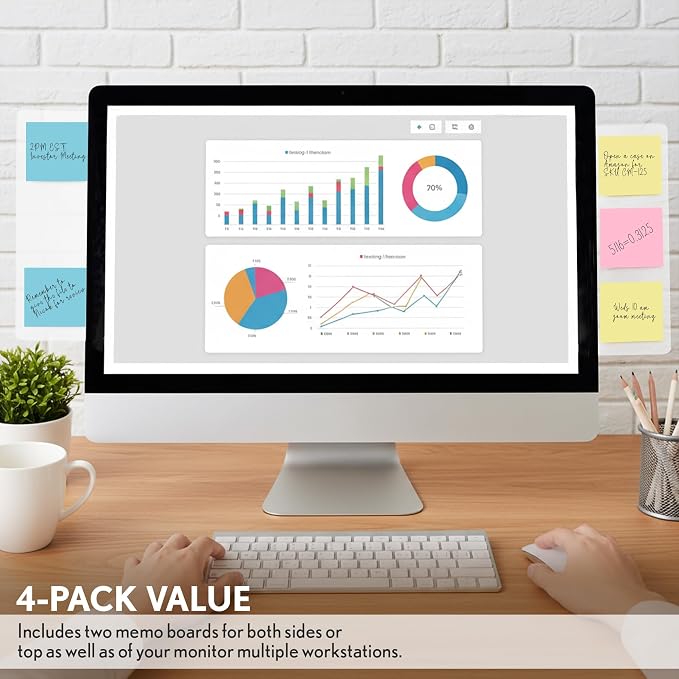 Computer Monitor Memo Board, 4 Pack, Sticky Note Holder, Semi-Transparent Flexible PVC, Monitor Adhesive Message Boards, Desk Accessories & Workspace Organizers, 12" L x 3" W, Non-Acrylic