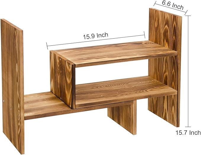 Adjustable Extendable Natural Wood Desktop Organizer Caddy Desk Organizer Countertop Shelf Bookcase Display Stand Rack Expandable Storage Office Home (Dark Brown)