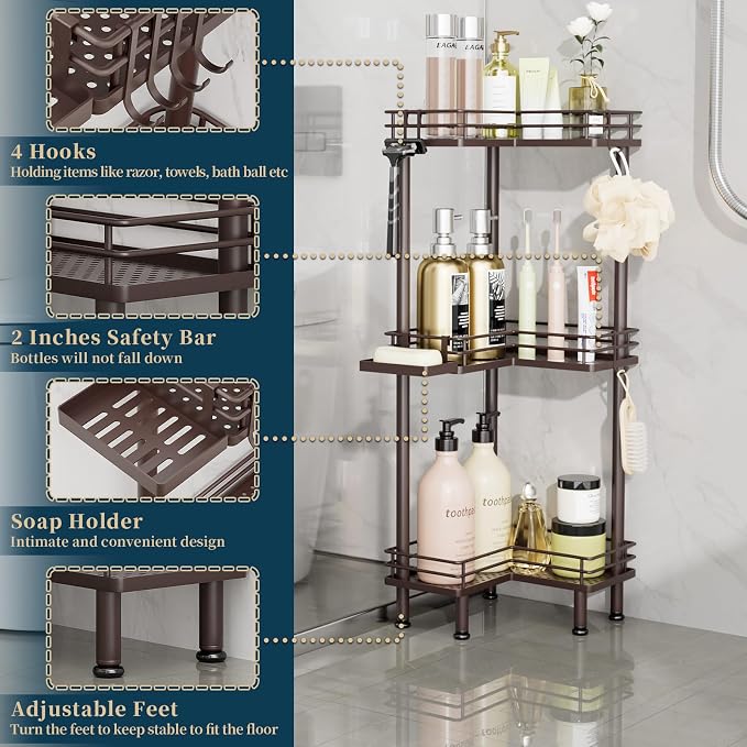 Consumest Corner Shower Caddy Standing - 3-Tier Stainless Steel Shower Organizer with Soap Holder and 4 Hooks, Large Capacity Corner Shelf Stand for Bathroom, Rest Room, Bronze