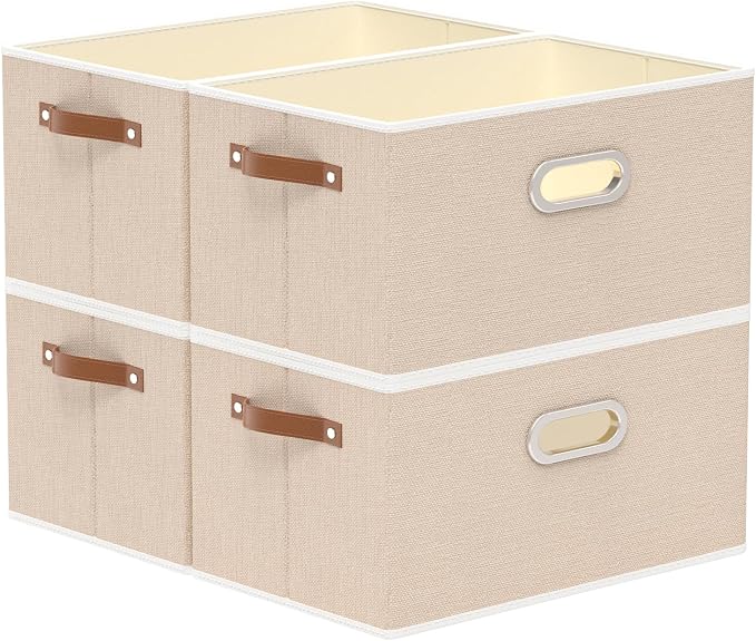 Yawinhe Collapsible Storage Box, Cube Storage Basket, Fabric Foldable Storage Bins Organizer Containers with Dual Leather Handles for Home Bedroom Closet Office,15.0 x 9.8 x 8.3 Inch, (Beige, 4-Pack) | Foldable Storage Baskets for Shelves, Closet Boxes...