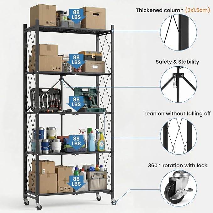 ALANNG 70.7" H Metal Storage Shelves, 5 Tier Folding Shelf on Wheels | Heavy Duty, No Assembly, Rolling, Collapsible Rack Unit for Kitchen, Basement, Pantry (Black,2 Pack)