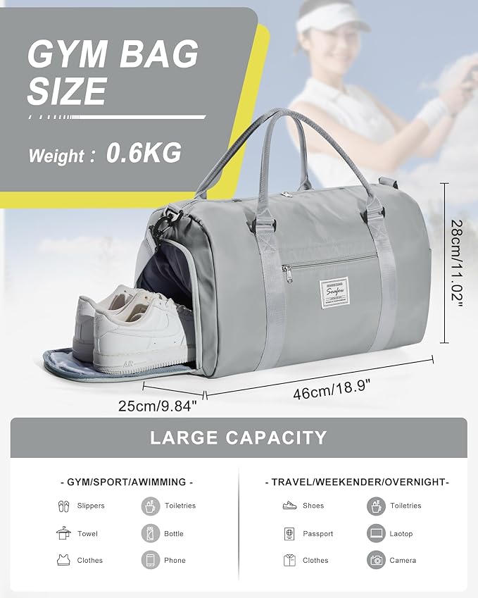 Gym Bag Womens Mens with Shoes Compartment and Wet PocketTravel Duffel Bag for Women for Plane, port Gym Tote Bags Swimming Yoga Small Waterproof Weekend Overnight Carry on Bag Hospital Holdalls