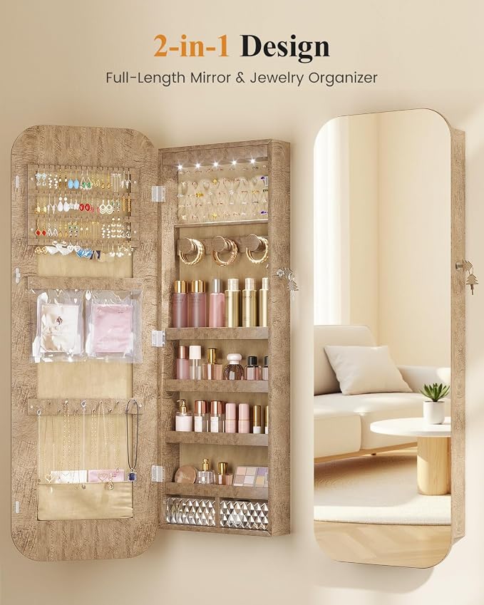 LVSOMT 6 LEDs Mirror Jewelry Cabinet Door Hanging, 42.5", Lockable, Brown | Jewelry Organizer with Full Length Mirror, Wall Mounted Large Jewelry Storage for Earrings, Rings, Necklaces