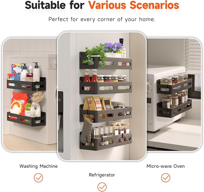 Sevenblue 6-Pack Magnetic Spice Rack for Refrigerator with Hooks, Black | Strong multipurpose magnetic shelf for kitchen & bathroom organization. Includes 4 removable hooks for hanging items.