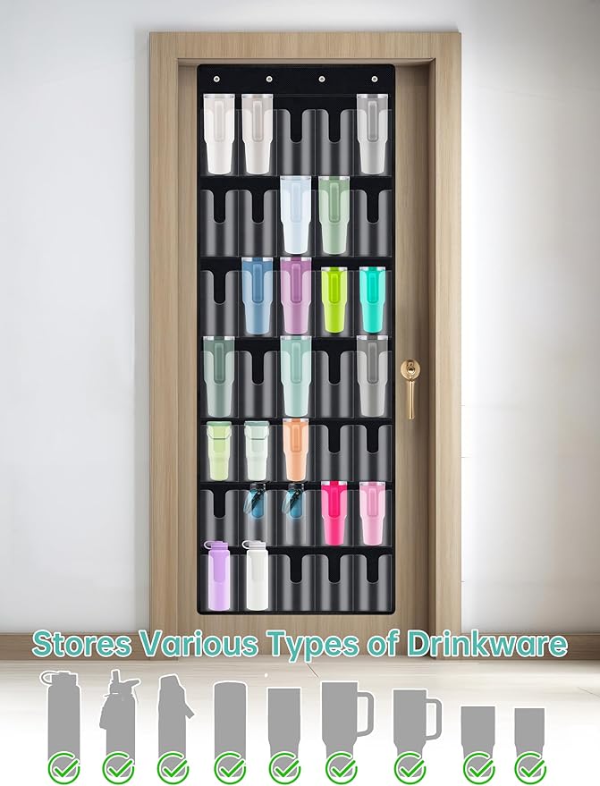 NiHome 35-Pocket Door Hanging Cup Organizer Fit for Stanley Tumbler 30 40oz | Large Capacity Over the Door Water Bottle Storage with Nano Tape, Waterproof Oxford Fabric, U-Shaped Handle Slots (Black)