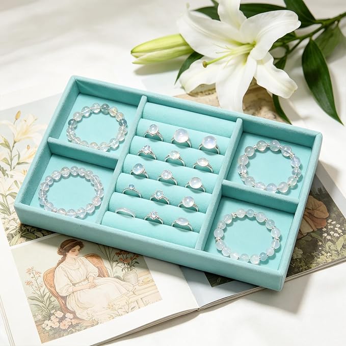Velvet Jewelry Trays for Drawers, Blue Stackable Jewelry Drawer Organizer Inserts, Ring Earring Necklace Bracelet Holder Organizer Storage Display Tray with Removable Dividers, 3-in-1