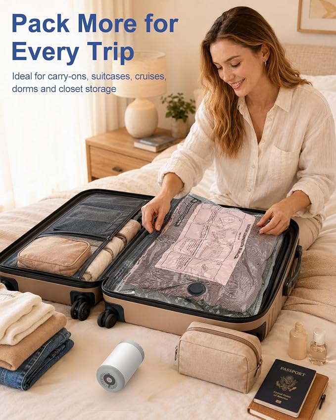 Fantictas Travel Vacuum Bags with Pump, 12 Pack Small Vacuum Storage Bags for Clothing, Travel Lugggage and Suitcase 80% Space Saver Vacuum Seal Bags for Clothing, Comforters