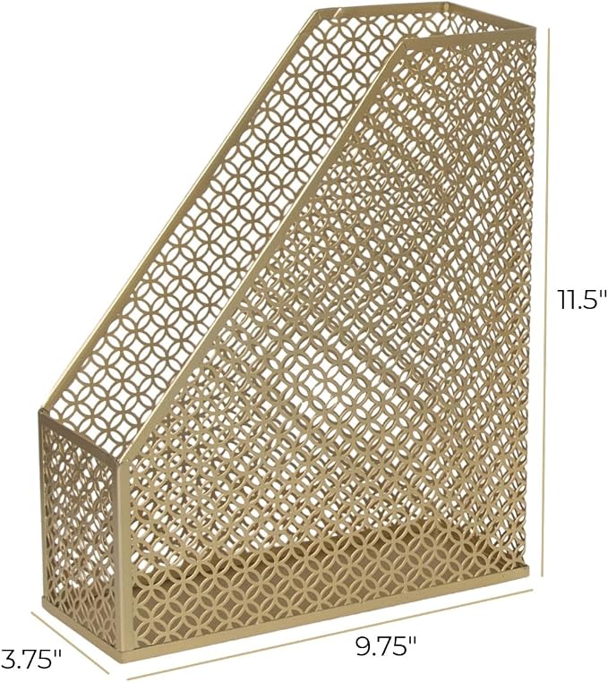 BLU MONACO | Gold Metal Magazine File Holder | Decorative Vertical File Organizer & Book Holder for Desk, Shelves & Office | Stylish Paper Organizer & Workspace Storage