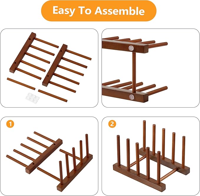 HBlife 2 Packs Teak Wooden Dish Drying Rack Stand Kitchen Plate Organizer | 4 Slots, Vertical Dish Racks for Cabinet Countertop & Wall, Plate Pot Lid Cutting Board Holder, Bowl Cup Drainer, Keep Dry