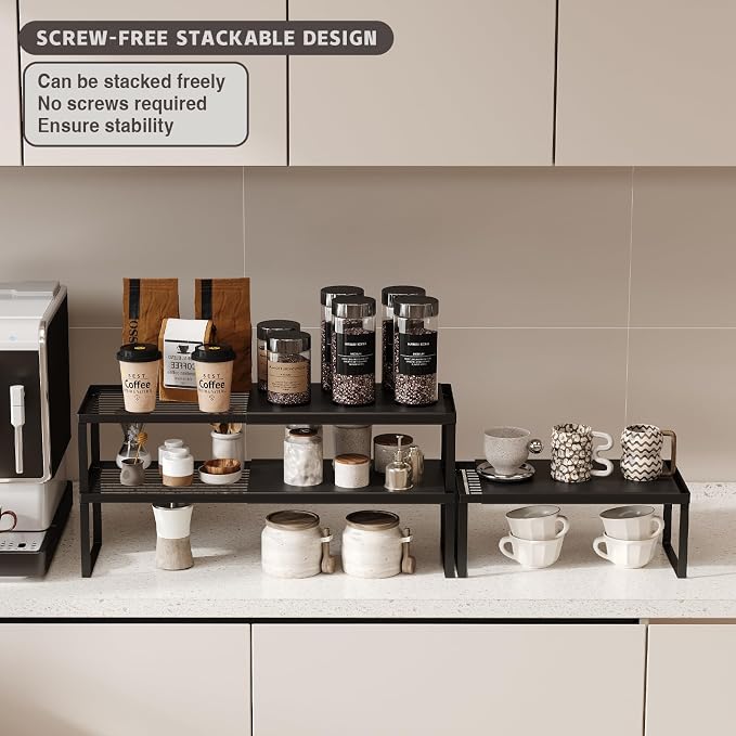 Magheo Expandable Cabinet Shelf Organizer, 2 Pack Stackable Kitchen Counter Shelf Riser, Metal Spice Rack Heavy Duty Countertop Organizer Storage for Kitchen, Pantry, Cupboard, Rv (5.9in Height,Black)
