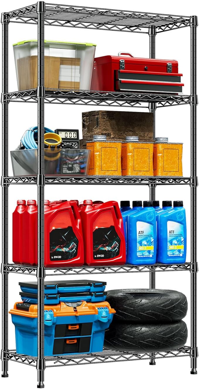 Storage Shelving Unit for Garage and Pantry, 30" Wide Metal Wire Shelf | 5-Tier, 13.8" D x 29.5" W x 59.5" H, 1750 lbs Organizers and Storage Black Shelves for Garage, Kitchen, Office and Laundry