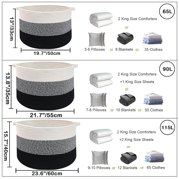 115L Extra Large Blanket Basket,Woven Rope Laundry Basket Hamper with Handles, Decorative Nursery Basket Storage Bin for Toys, Clothes Organizer, Living Room, Bedroom, Bathroom, Black