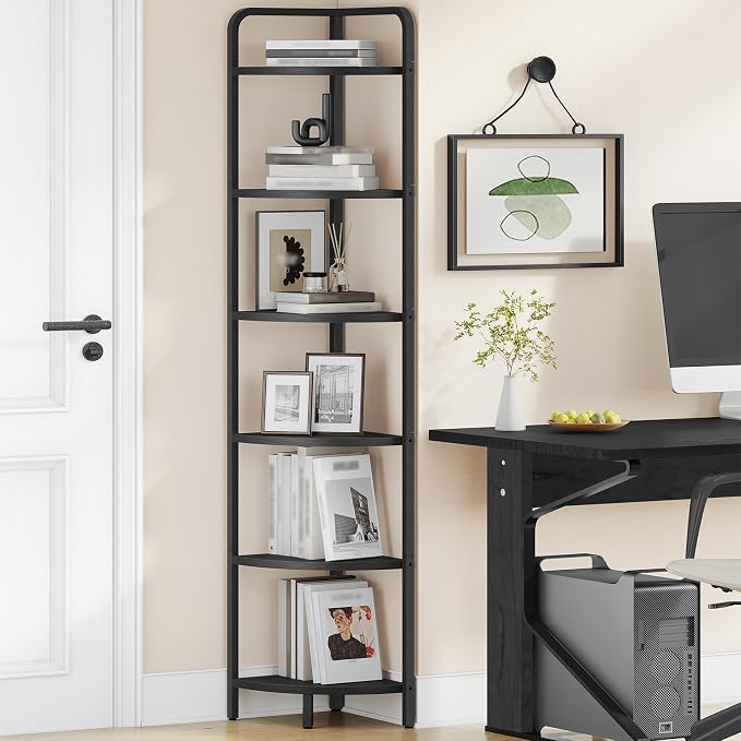Hzuaneri Corner Shelf Stand Corner Bookshelf Standing Shelf Plant Shelf | Corner Display Rack with Metal Frame for Living Room, Bathroom, Kitchen, Industrial Style, 6 Tier Rustic Brown CS06604B