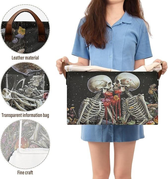 Black Skeleton Gothic Storage Bins for Shelves with Labels&Handles Halloween Organizer Bin Foldable Rectangle Storage Basket Black Goth Skull Boxes for Closet, Bathroom, Home, Room, Laundry, 2 PC