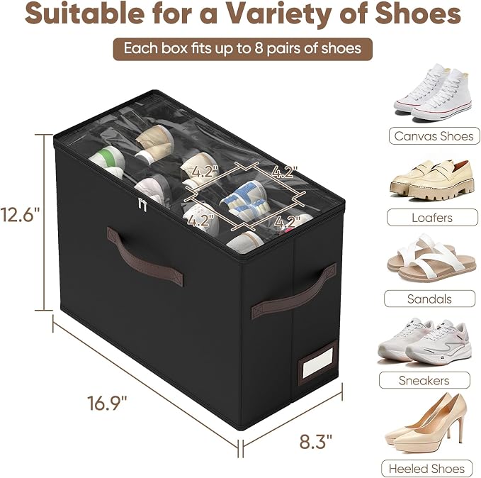 OIAHOMY 4 Pack Shoe Organizer for Closet, Foldable Shoe Storage Bins with Adjustable Dividers, Stackable Oxford Cloth Sneaker Boxes for Entryway Bedroom, Fits Up to 32 Pairs, Black
