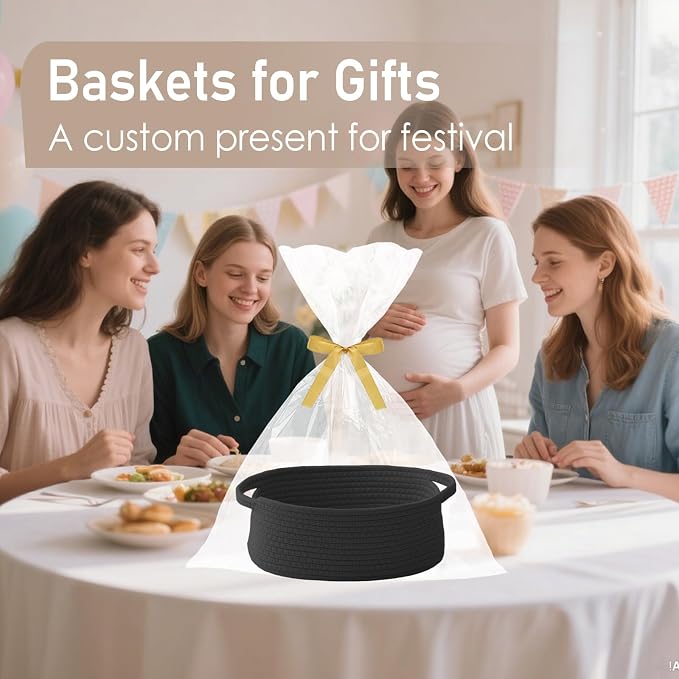 JMvicyroam Woven Basket,Small Rope Storage Bin with Handles & Ribbon Bag, Organizer for Shelves Closets,Gift Basket Empty for Birthday,Books,Dog Toys, Black