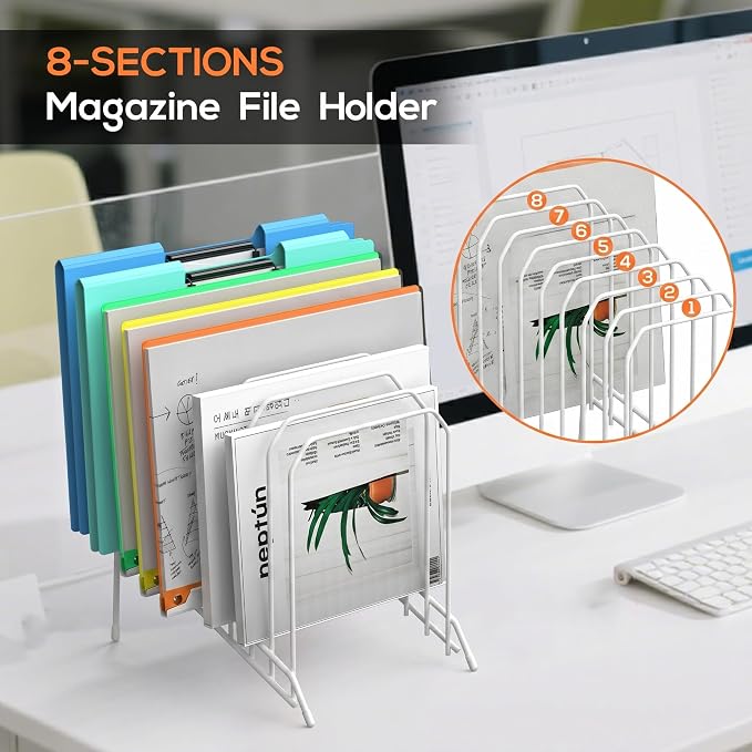 Incline Sorter Desk File Organizer, Metal Desk Magazine Folder Holder with 8-Section Vertical Compartments Rack File Organizer for Office, Home, School
