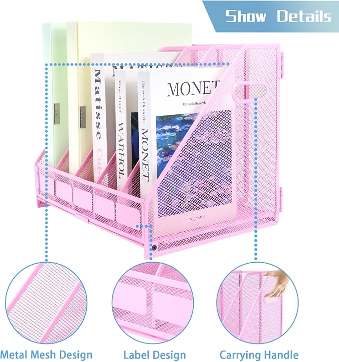 Desk Organizers Metal Magazine File Holder Racks Desktop Folder Storage Binder Organiser Document Organization for Home Office & Classroom,5 Vertical Compartments-Pink