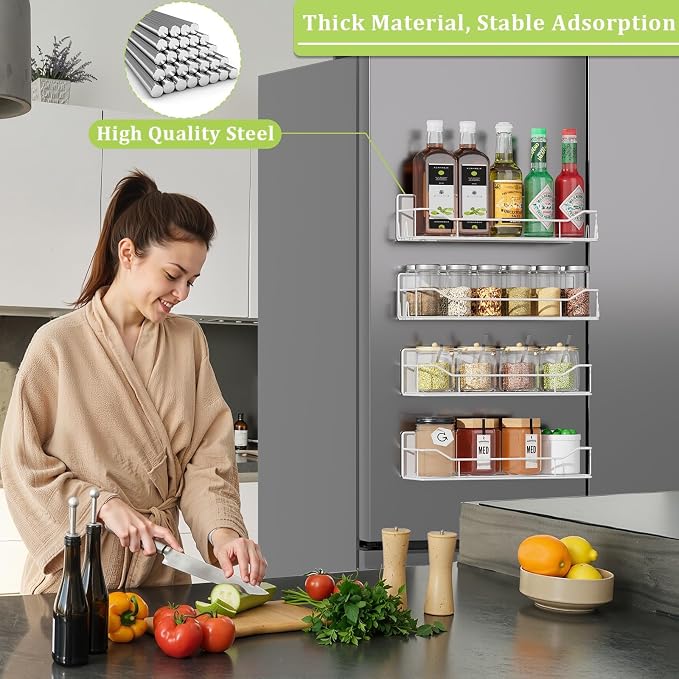Magnetic Spice Rack for Refrigerator, 4 Pack Metal Strong Magnet Spice Organizer Shelves, Magnetic Fridge Shelf for Kitchen Seasoning Organizer Gadgets, Home Organization and Storage (White)