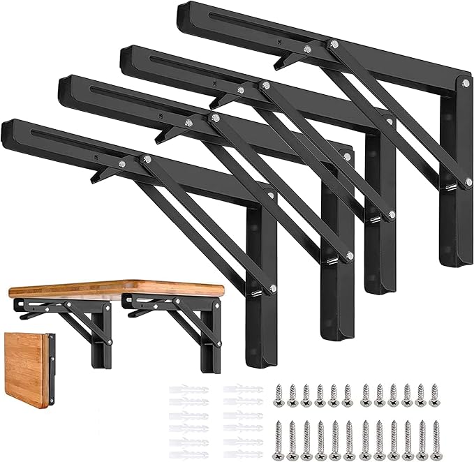 Folding Shelf Brackets - 12 Inch 4 Pcs Heavy Duty Shelf Brackets, Collapsible Shelf Bracket, DIY Wall Mounted Foldable Shelf, Table Brackets, Space Saving with Screws