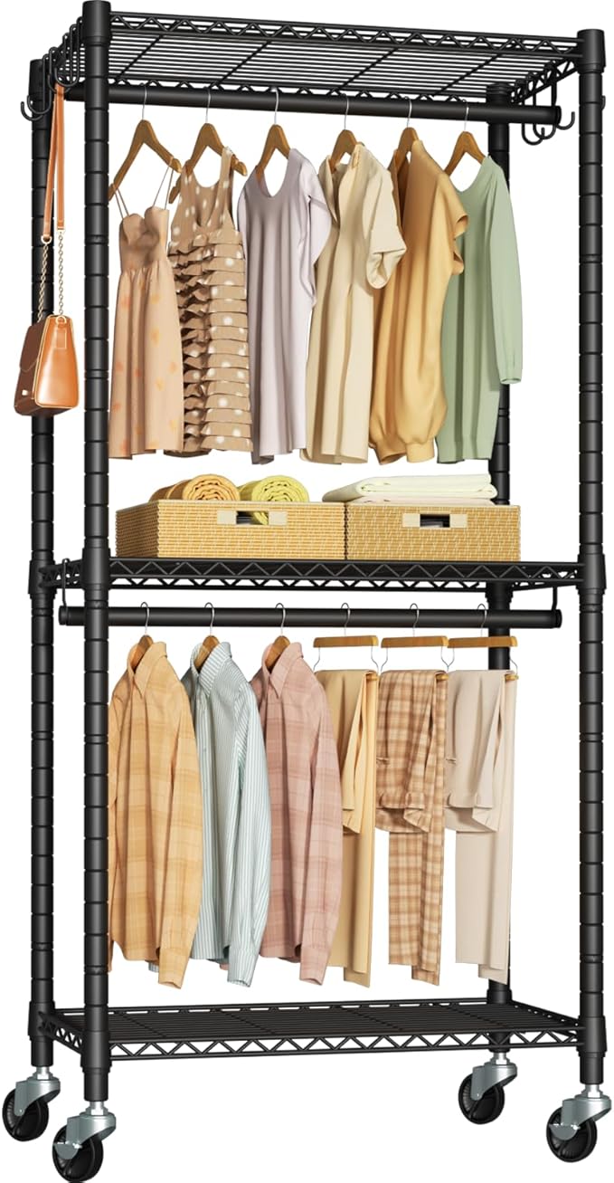 FUTASSI P3 Mini Rolling Clothes Rack, Clothing Racks for Hanging Clothes, Heavy Duty Garment Rack with Wheels, Freestanding Portable Closet Racks 23.6'' W x 14'' D x 78.5'' H, Max Load 430 Lbs, Black