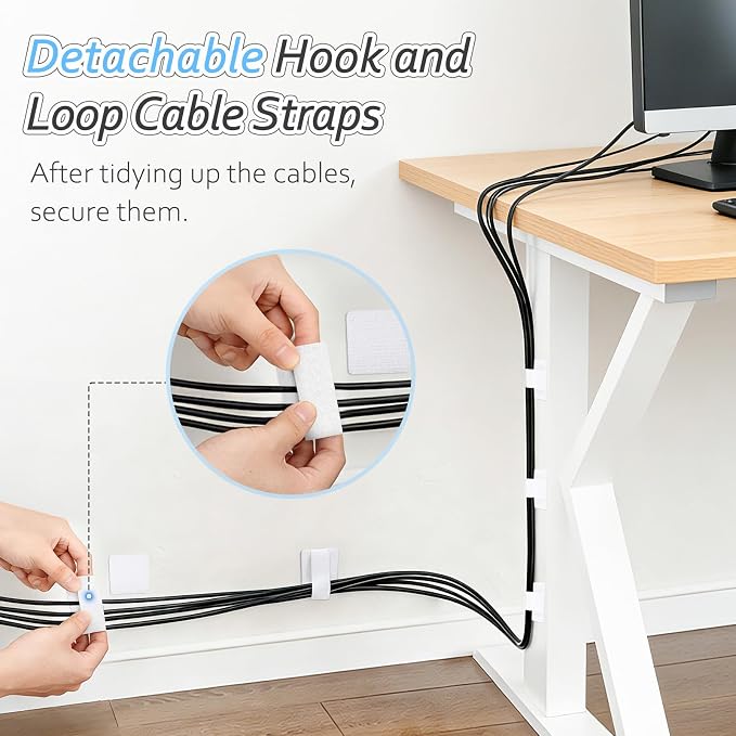Cable Management Under Desk Detachable Cable Straps, White, 20 Pack | Heavy Duty Hook and Loop Cable Ties, Removable, Leave No Trace, Hold Up to 15 Cables, Home Office Organizer Accessories