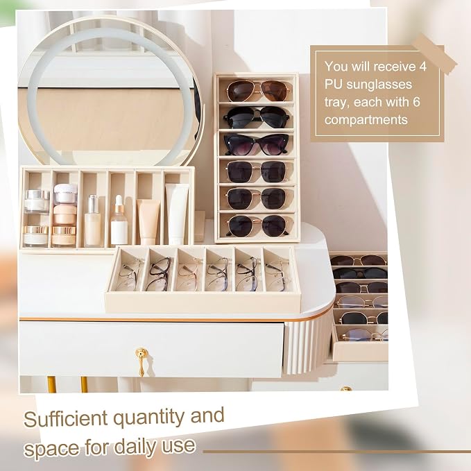 Juexica 4 Pcs Velvet Sunglasses Organizer Tray 6 Grid Sunglass Organizer Velvet Tray Stackable Glasses Display Case for Women Glasses Jewelry Display Watch (Beige PU)
