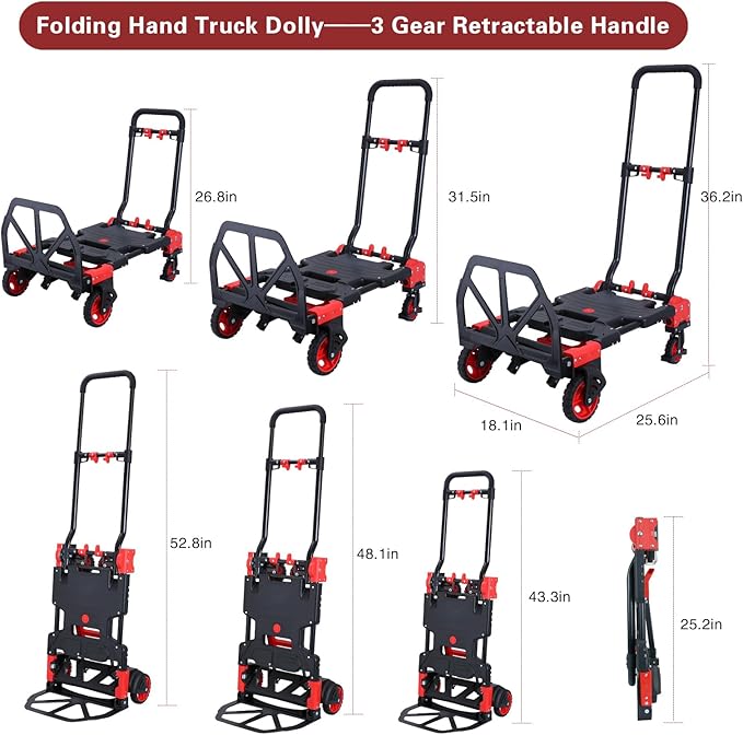 2 in 1 Hand Truck Dolly Foldable,330LB Capacity Portable Folding Hand Cart,Hand Truck Foldable with Retractable Handle,Folding Dolly Cart with Wheels for Moving