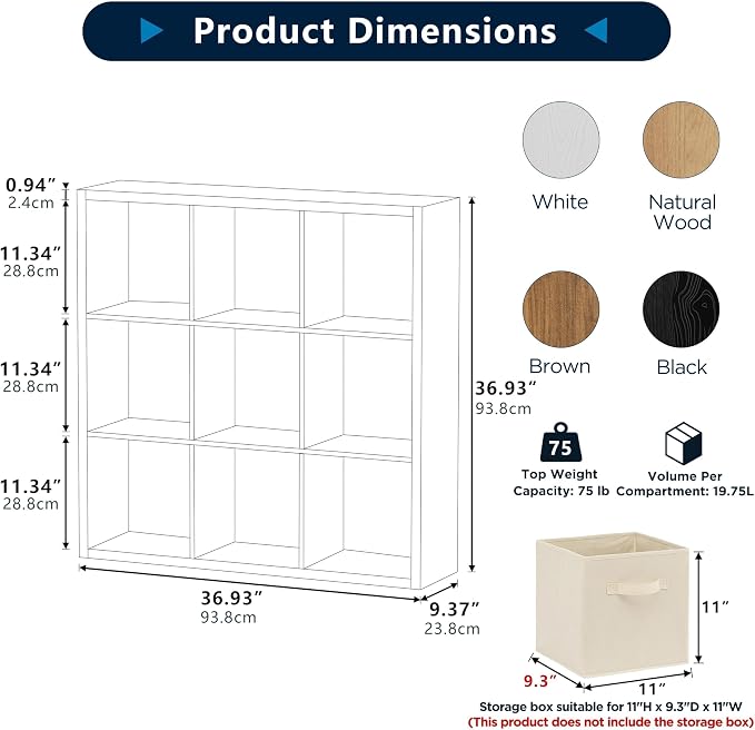 9-Cube Storage Organizer, Wooden Cube Shelf Bookcase with Reinforced Thick Shelves, Heavy-Duty 36.93" L x 9.37" W x 36.93" H, for Living Room Bedroom Home Office, Natural-Oak