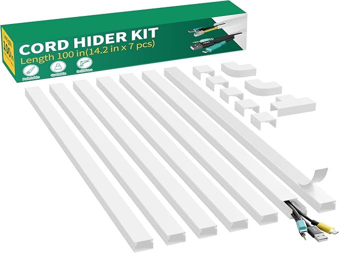 Delamu Cord Hider, 100in Self-Adhesive Cord Cover Kit for Wall Mounted TV, Paintable Wire Hider, Flexible Cable Management System, Cable Raceway Conceals 3-4 Wires, W1.18 H0.60in, White