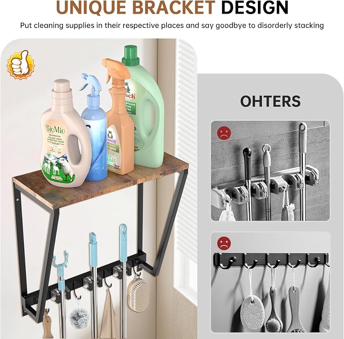 Broom and Mop Organizer Wall Mount, Heavy Duty Broom Hanger Wall Mount for Garage Laundry Room Utility Closet, Cleaning Tool Storage Rack Holder for Brooms Mops Swiffer and Household Organization